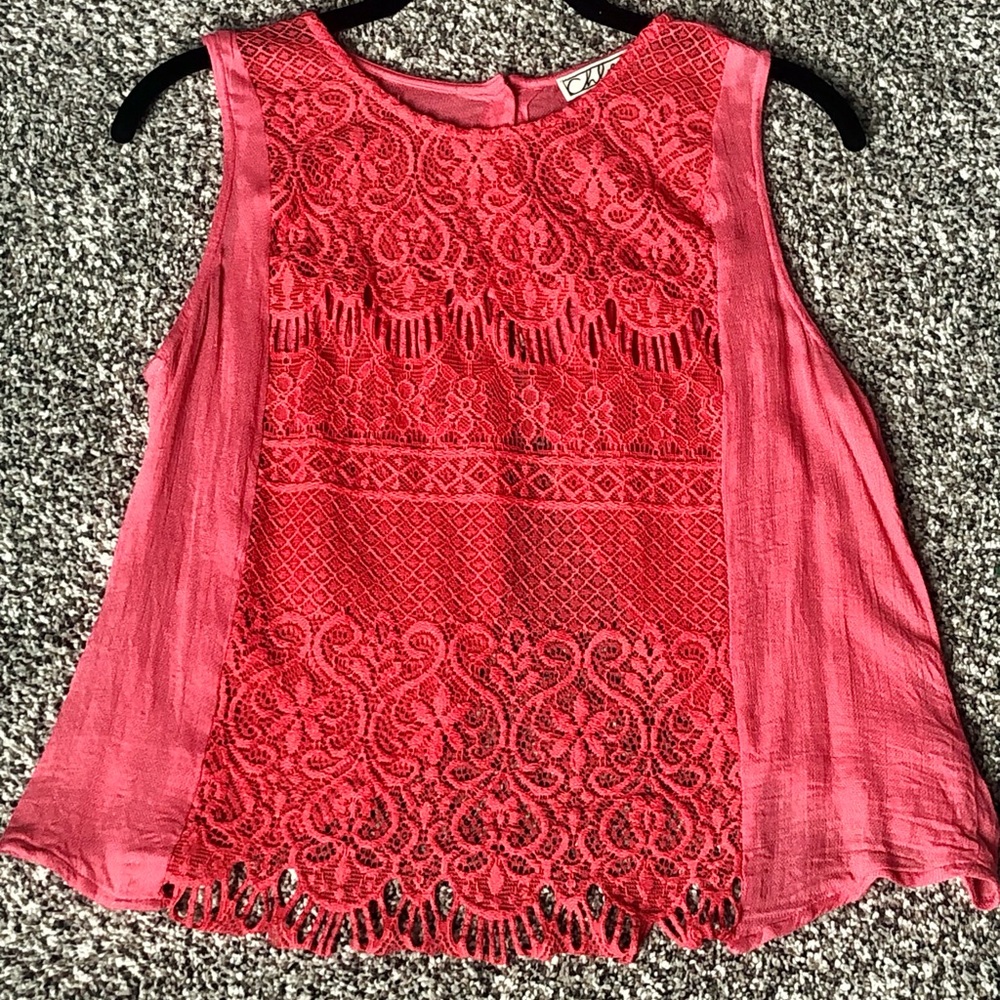 Bright Coral Lace Front Sleeveless Top - Open Back - Medium